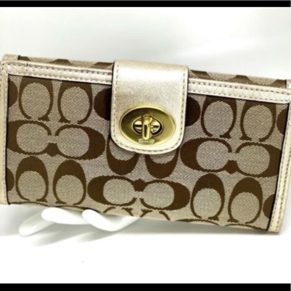 COACH Signature Khaki & Gold Turnlock Wallet